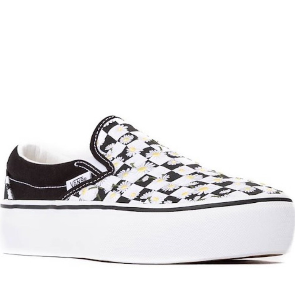 Vans Black and White Daisy Checkered Platform Slip-Ons